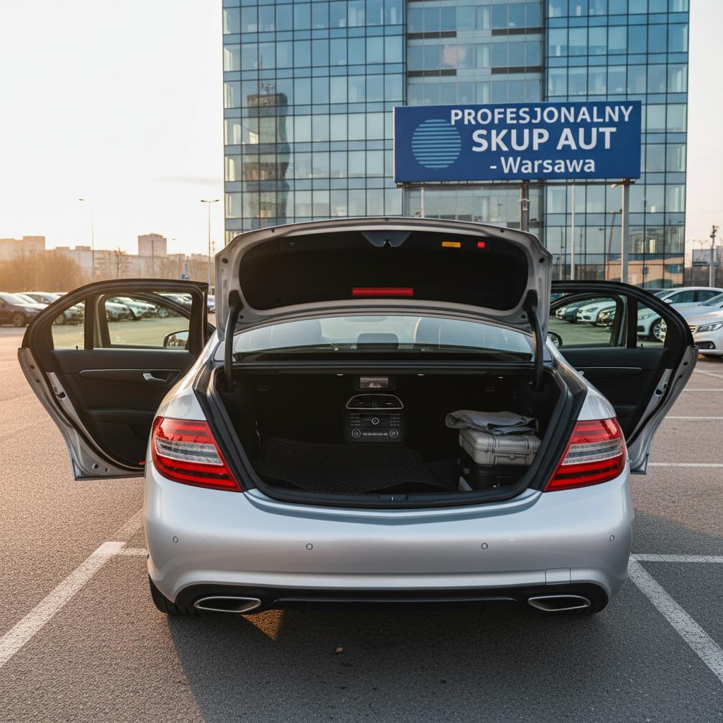 Samochód z otwartymi drzwiami i bagażnikiem, z czystym wnętrzem, przygotowany do sprzedaży na parkingu obok punktu skupu aut w Warszawie.