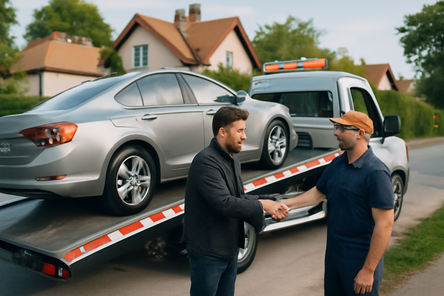 Fotorealistyczny obraz samochodu odbieranego przez lawetę w trakcie sprzedaży w skupie aut Łomianki.