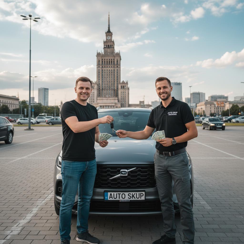 Sprzedaż auta w profesjonalnym auto skupie Warszawa – szybka transakcja i gotówka od ręki Mężczyzna oddaje kluczyki do samochodu pracownikowi auto skupu na tle parkingu w Warszawie, widoczna gotówka i uśmiechy na twarzach uczestników transakcji