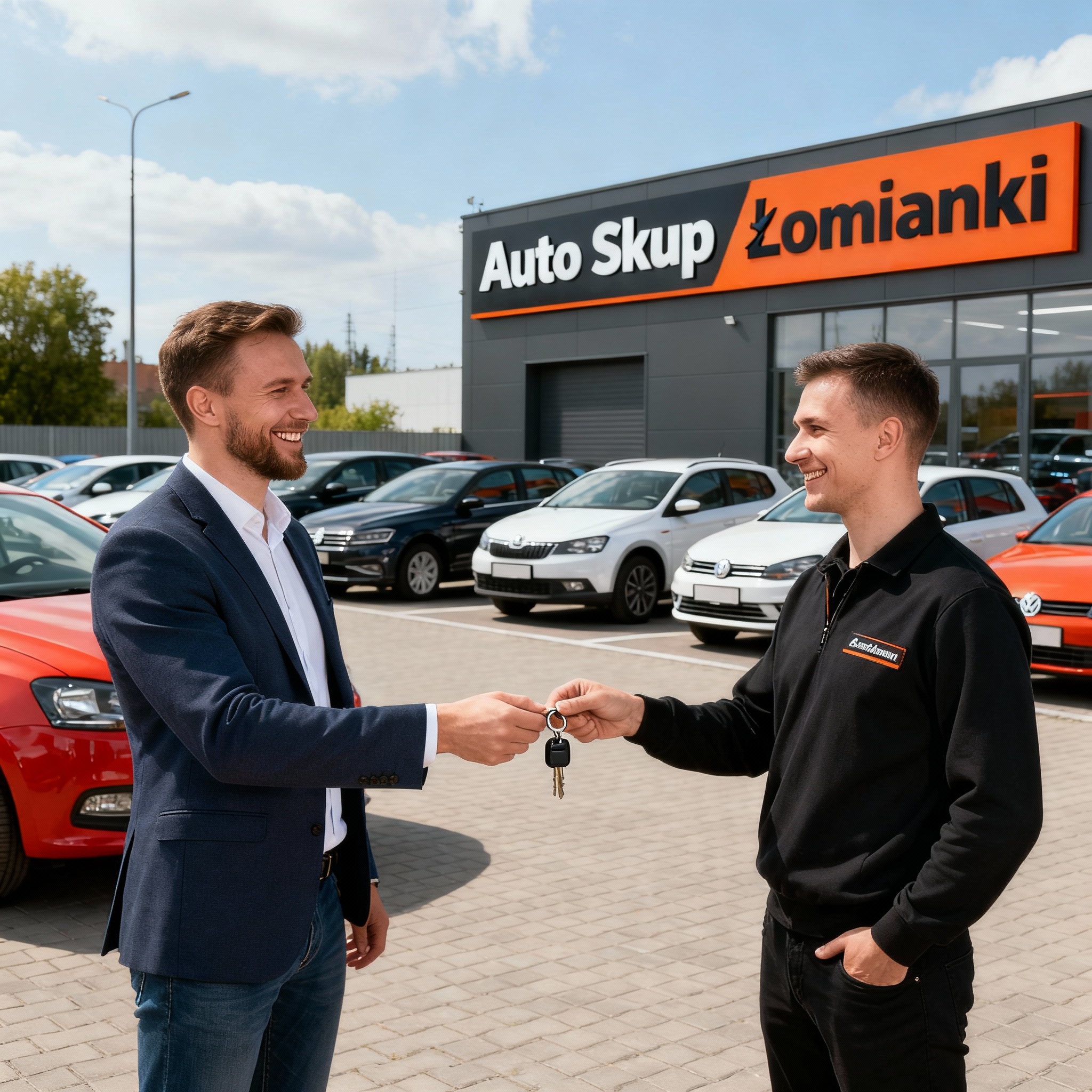 Auto Skup Łomianki – Szybka i Profesjonalna Sprzedaż Samochodu Sprzedający przekazuje kluczyki pracownikowi Auto Skupu Łomianki na nowoczesnym placu z wieloma samochodami w tle.