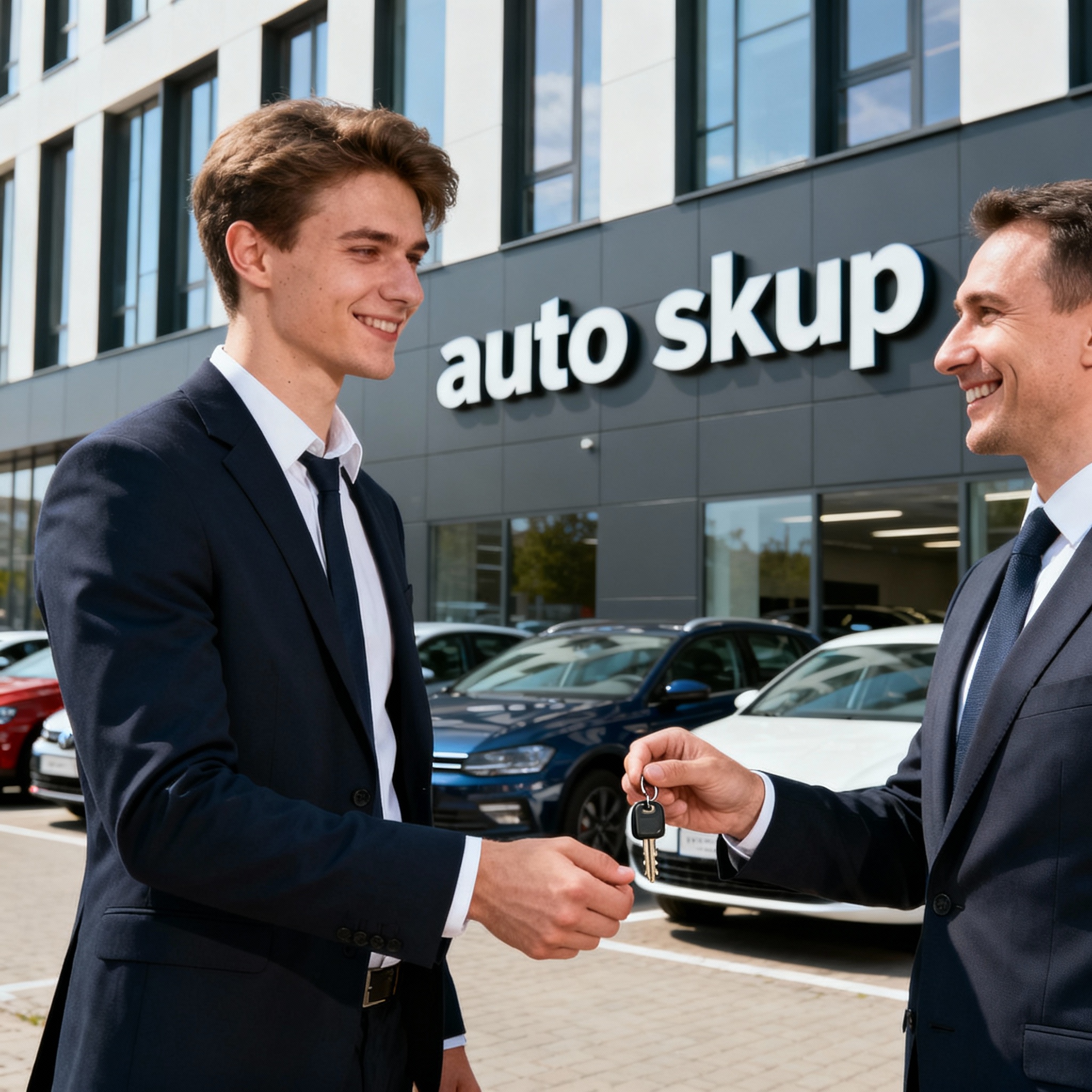 Mężczyzna przekazuje kluczyki do samochodu ekspertowi skupu aut przed nowoczesnym budynkiem w Warszawie, w tle napisy auto skup i zaparkowane auta – szybka sprzedaż samochodu, gotówka za auto, skup aut Warszawa.