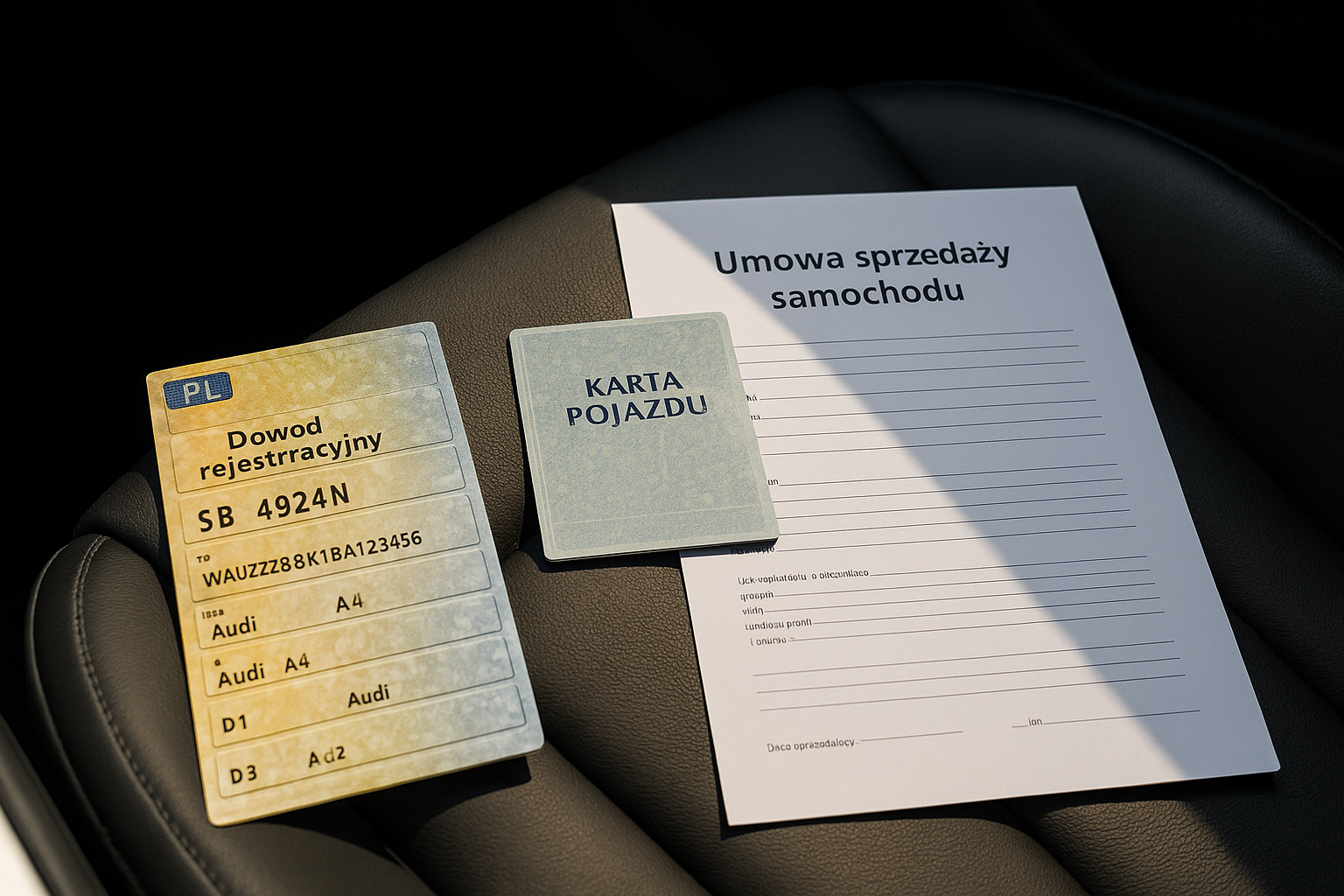 Na siedzeniu samochodu leżą trzy dokumenty potrzebne do sprzedaży auta: dowód rejestracyjny, karta pojazdu oraz umowa sprzedaży samochodu. Dokumenty są ułożone na czarnej, skórzanej tapicerce i oświetlone naturalnym światłem słonecznym.
