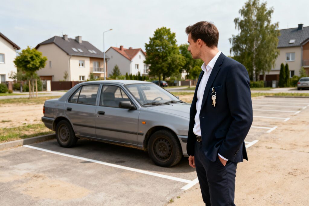 Pracownik lokalnego skupu aut w Warszawie ogląda używany samochód na parkingu osiedlowym, prezentując profesjonalizm, szybką wycenę i gotówkę za auto bez zbędnych formalności.