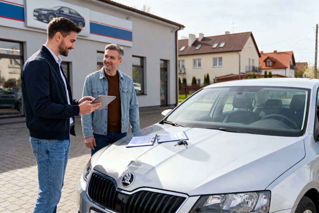 Rzeczoznawca auto skupu w Łomiankach z tabletem omawia wycenę srebrnego auta z właścicielem, a na masce leżą kluczyki i dokumenty pojazdu.​