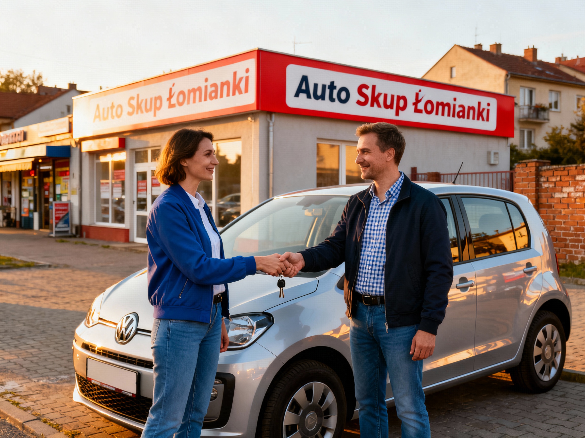Sprzedaż samochodu w Auto Skup Łomianki – dwóch mężczyzn w stylu smart casual finalizuje transakcję i przekazuje kluczyki na tle podmiejskiej zabudowy