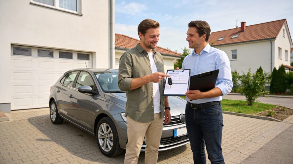 Wycena samochodu na miejscu u klienta - przedstawiciel auto skupu z tabletem sprawdzający dokumenty pojazdu