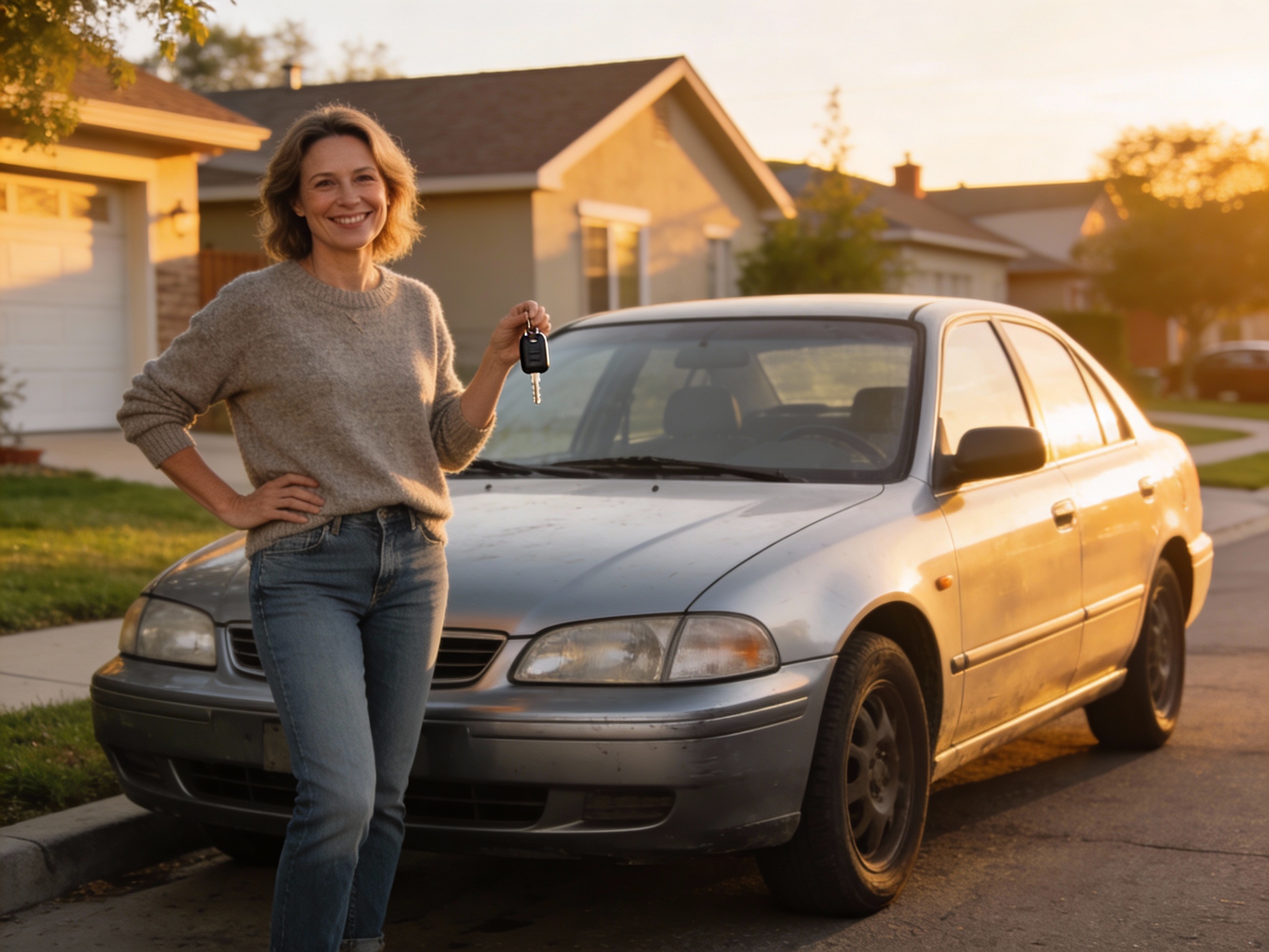 Zadowolona kobieta w smart casual trzymająca kluczyki do samochodu po szybkiej sprzedaży w auto skupie
