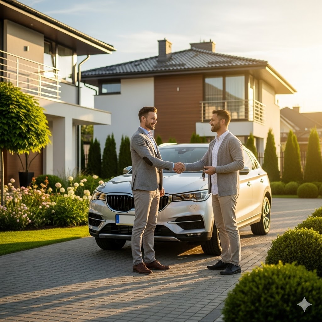 Zadowolony właściciel finalizuje sprzedaż srebrnego SUV-a przedstawicielowi Auto Skup Łomianki na podjeździe domu jednorodzinnego w Dziekanowie Leśnym. Uścisk dłoni, słoneczne popołudnie.