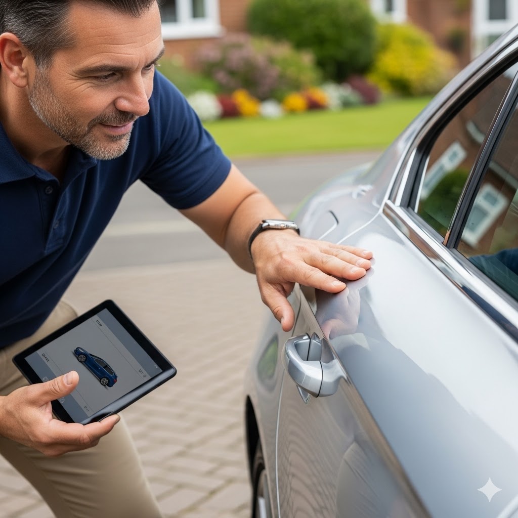 Rzeczoznawca samochodowy z tabletem sprawdzający stan lakieru srebrnego auta na prywatnej posesji w Łomiankach.