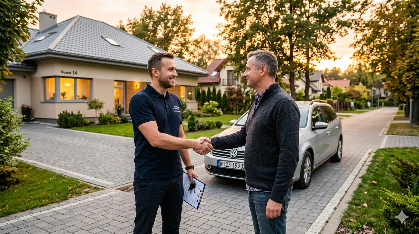 Uścisk dłoni eksperta z Auto Skup Łomianki i klienta na podjeździe z kostki brukowej w Łomiankach.