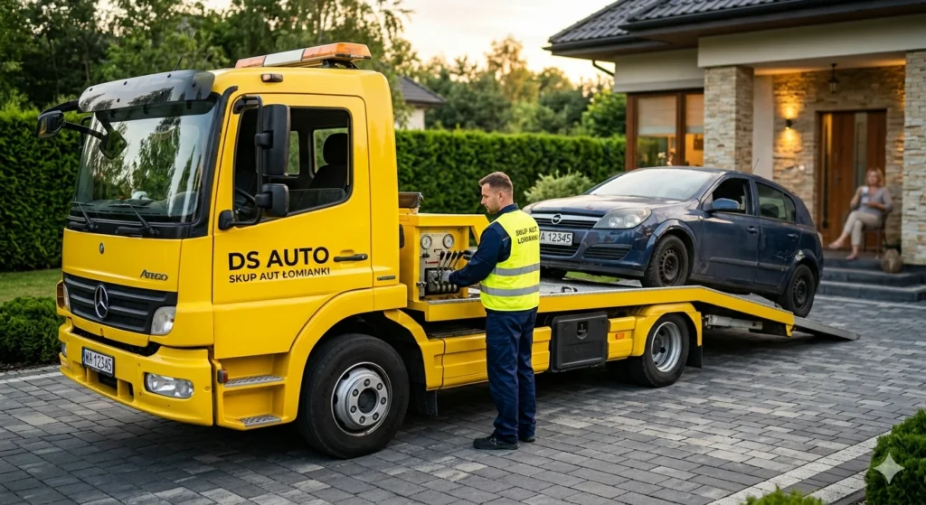 Żółta laweta Auto Skup Łomianki odbiera zepsuty samochód z podwórka w Kiełpinie.