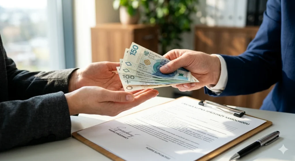 Wypłata gotówki do ręki za uszkodzone auto na przedmieściach, Łomianki.