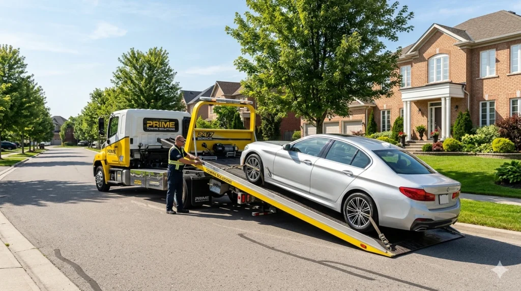 Nowoczesna laweta odbiera auto z podjazdu klienta. Profesjonalny skup aut Łomianki.