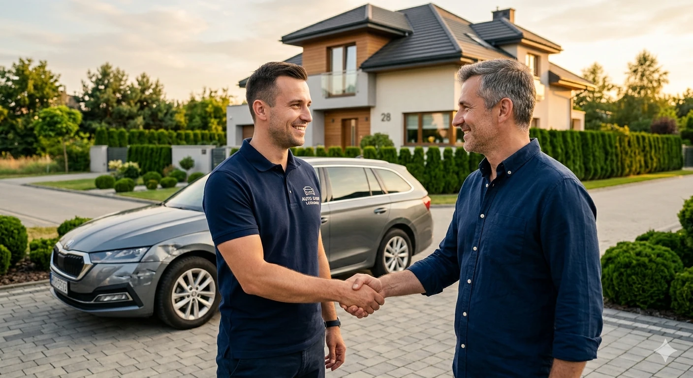 skup-powypadkowych-lomianki-zaufany-ekspert Ekspert Auto Skup Łomianki podaje rękę klientowi na podjeździe domu, w tle uszkodzone auto.