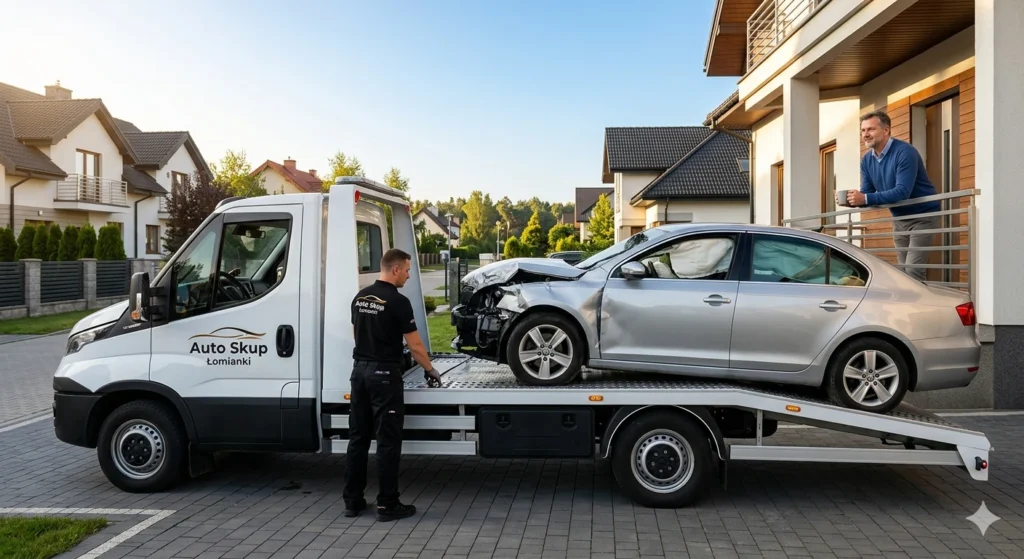 Laweta Auto Skup Łomianki zabiera rozbite auto z podjazdu domu, klient patrzy z tarasu.