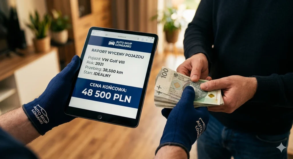 Ręka eksperta z Łomianek przekazuje gotówkę i tablet z wyceną klientowi.