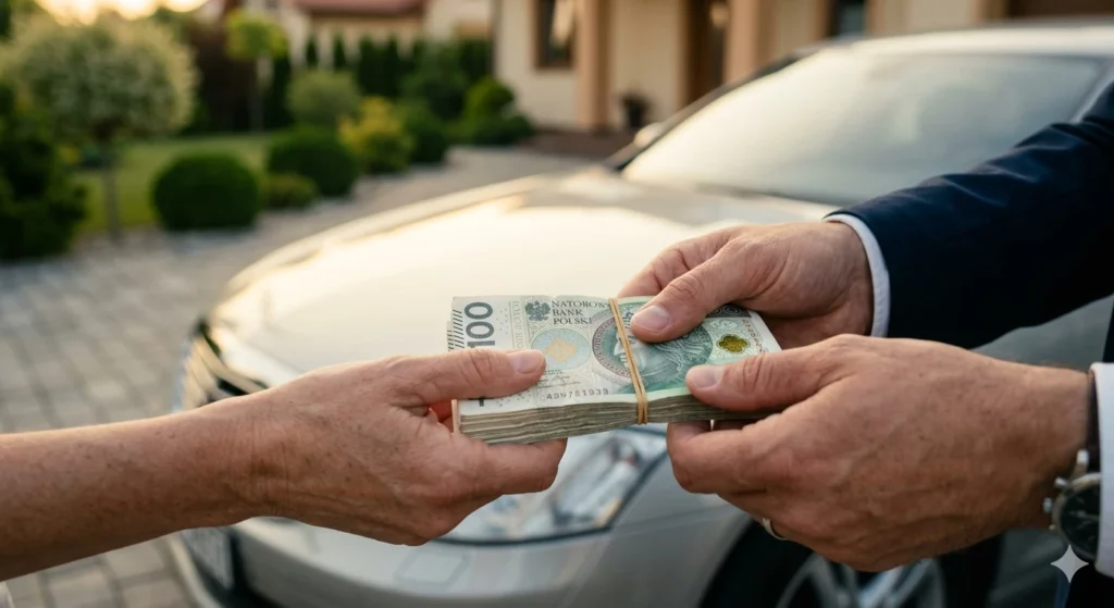 Nowoczesna laweta odbiera auto z podjazdu domu, auto skup Łomianki.