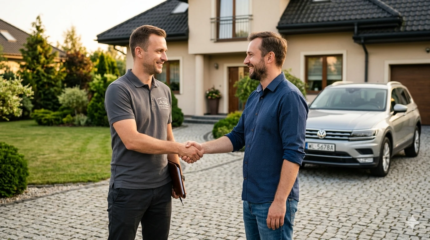 wycena-samochodu-rzeczoznawca-auto-skup-lomianki Uścisk dłoni klienta i rzeczoznawcy Auto Skup Łomianki na podjeździe domu jednorodzinnego.