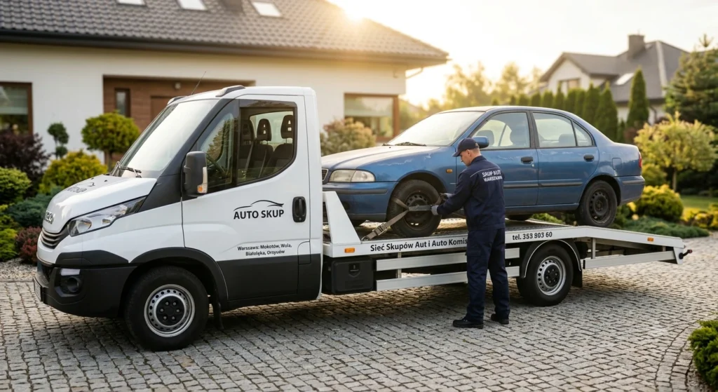 Biała laweta Auto Skup Łomianki odbiera niesprawny samochód z podjazdu klienta, darmowy transport.