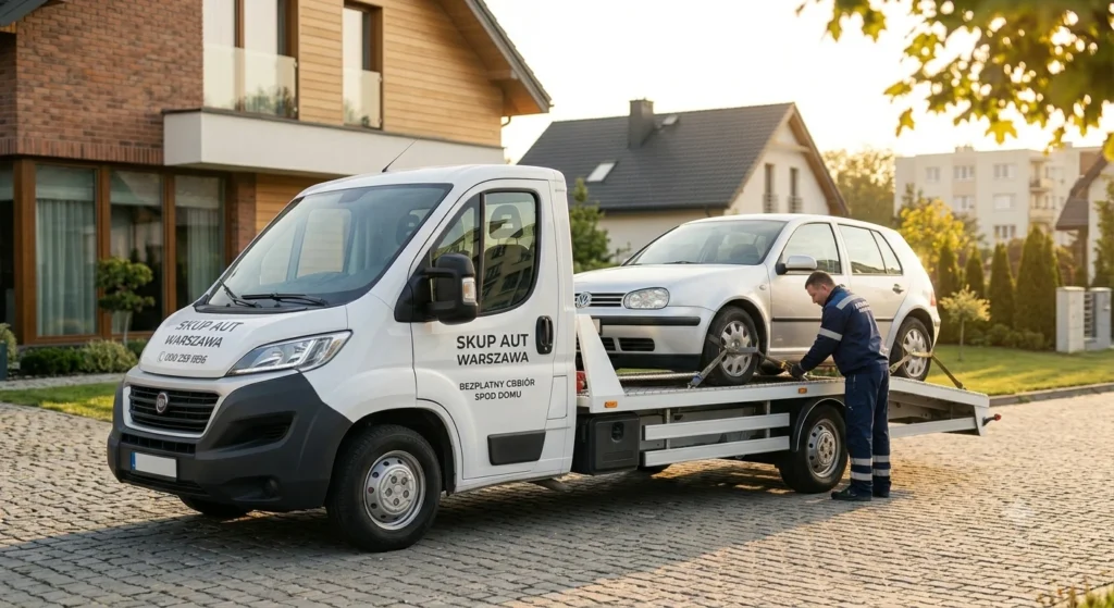 Biała laweta zabiera zepsute auto z podjazdu domu jednorodzinnego w Łomiankach.