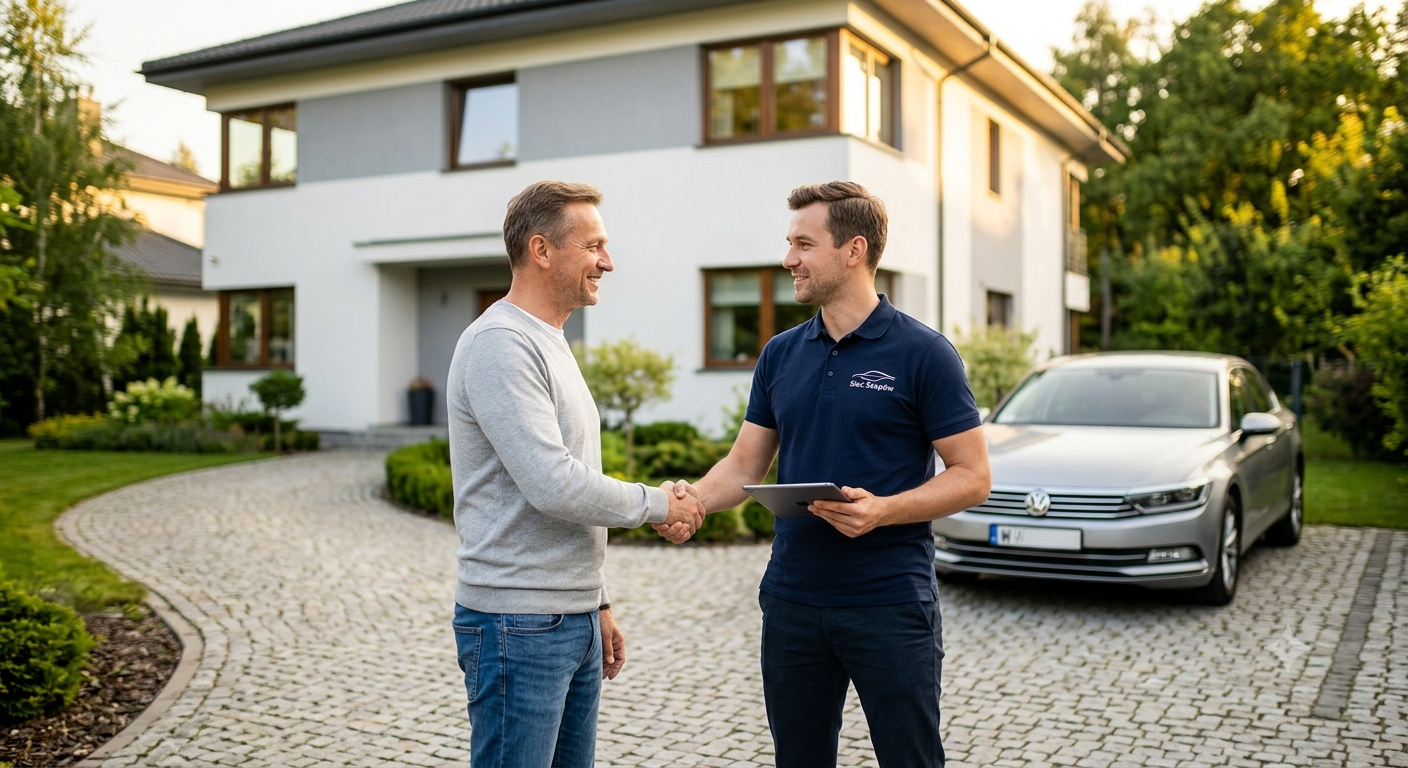 sprawdzony-auto-skup-lomianki-sprzedaz-auta-bez-ogloszen Uścisk dłoni z klientem na podjeździe. Sprawdzony auto skup Łomianki to bezpieczna sprzedaż.