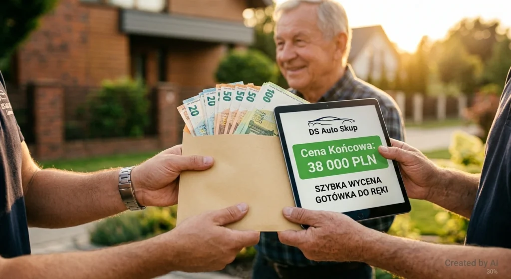 Zbliżenie na ręce przekazujące gotówkę w kopercie i tablet z ofertą cenową w Łomiankach.