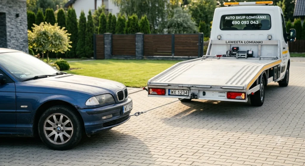 Nowoczesna laweta firmy Auto Skup Łomianki odbiera niesprawny pojazd z podjazdu klienta.