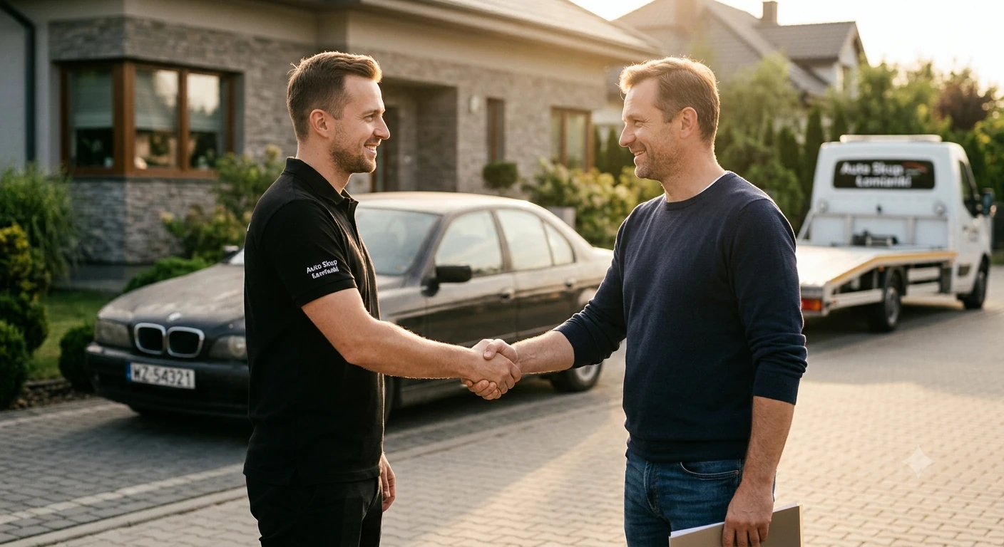 auto-skup-lomianki-ekspert-klient-uscisk-dloni-podjazd-S7 Ekspert Auto Skup Łomianki podaje rękę klientowi na podjeździe w Kiełpinie.