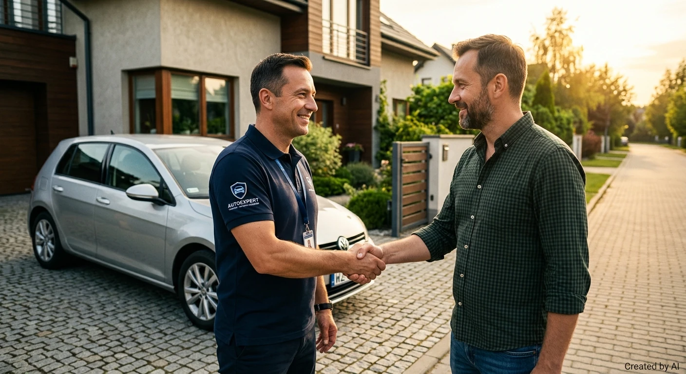 Uścisk dłoni i wycena auta na podjeździe – Auto Skup Łomianki Ekspert i klient uściskują dłonie przy aucie na podjeździe w Łomiankach.